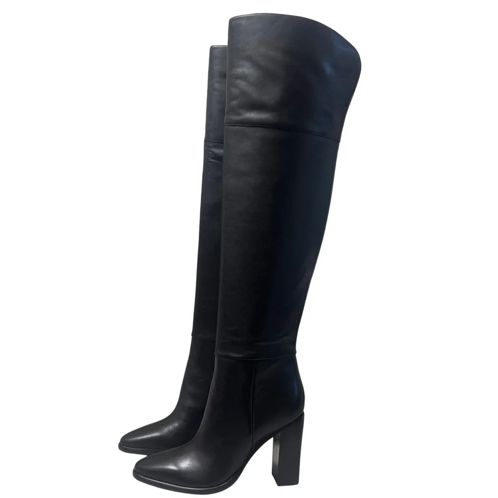 Marc Fisher Lasli Over-the-Knee Boots Womens 9 Black Leather Block Heel NWOT